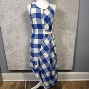 Maeve Blue White Check Asymmetrical Linen Blend Midi Dress Belted Sleeveless XS